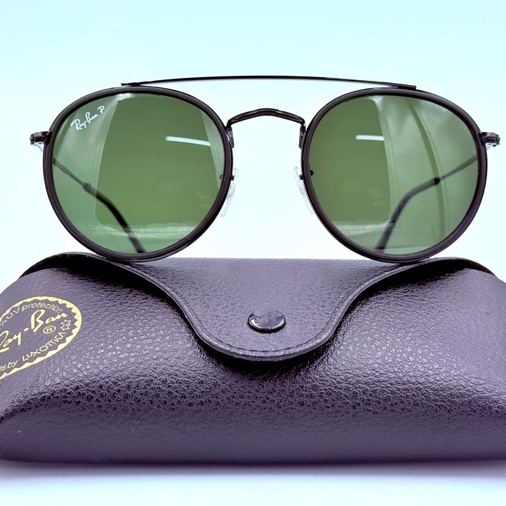 Ray-Ban Mens Polarized Sunglasses Round RB3647N Black w/ Green (G-15) Lens 51mm